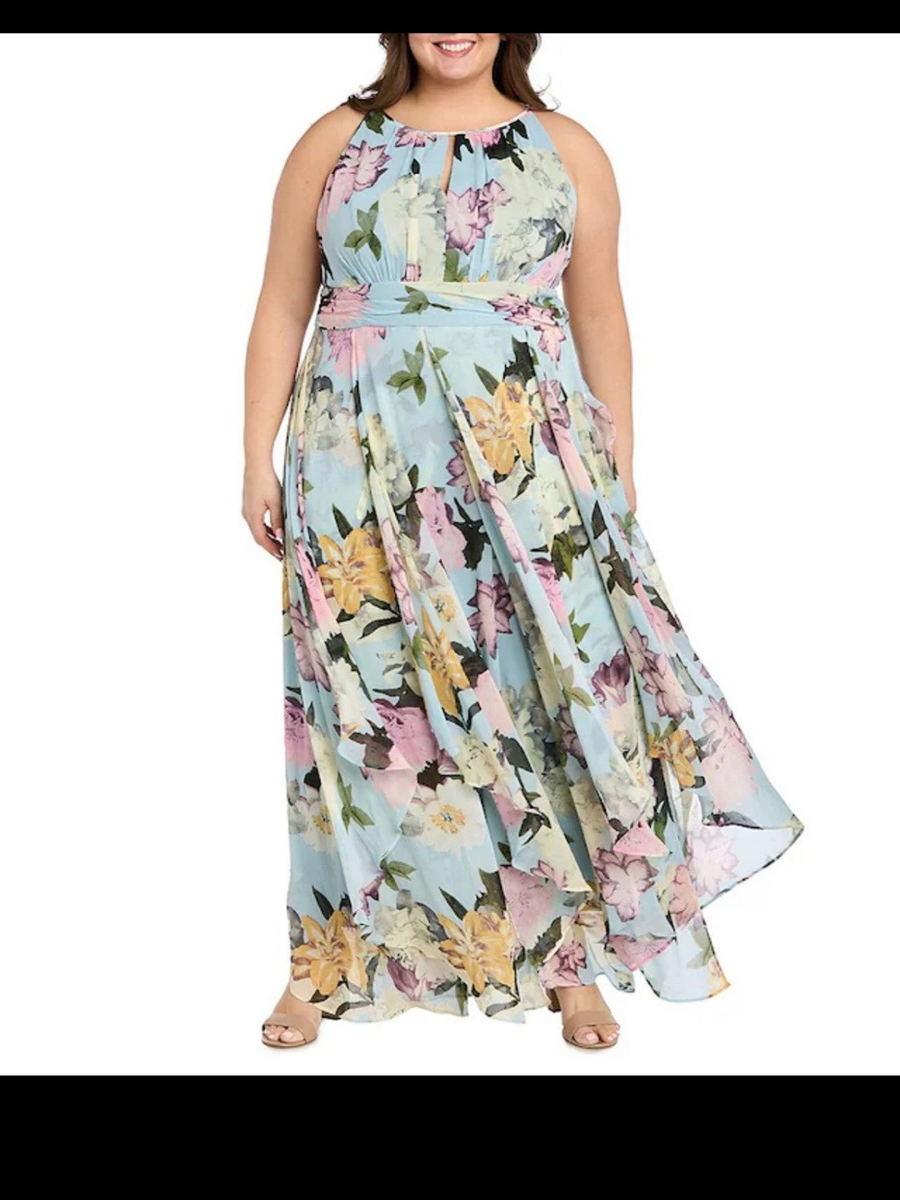 R & M Richard’s Floral Halter Keyhole  Maxi Dress in Light  Blue Size 22 New!